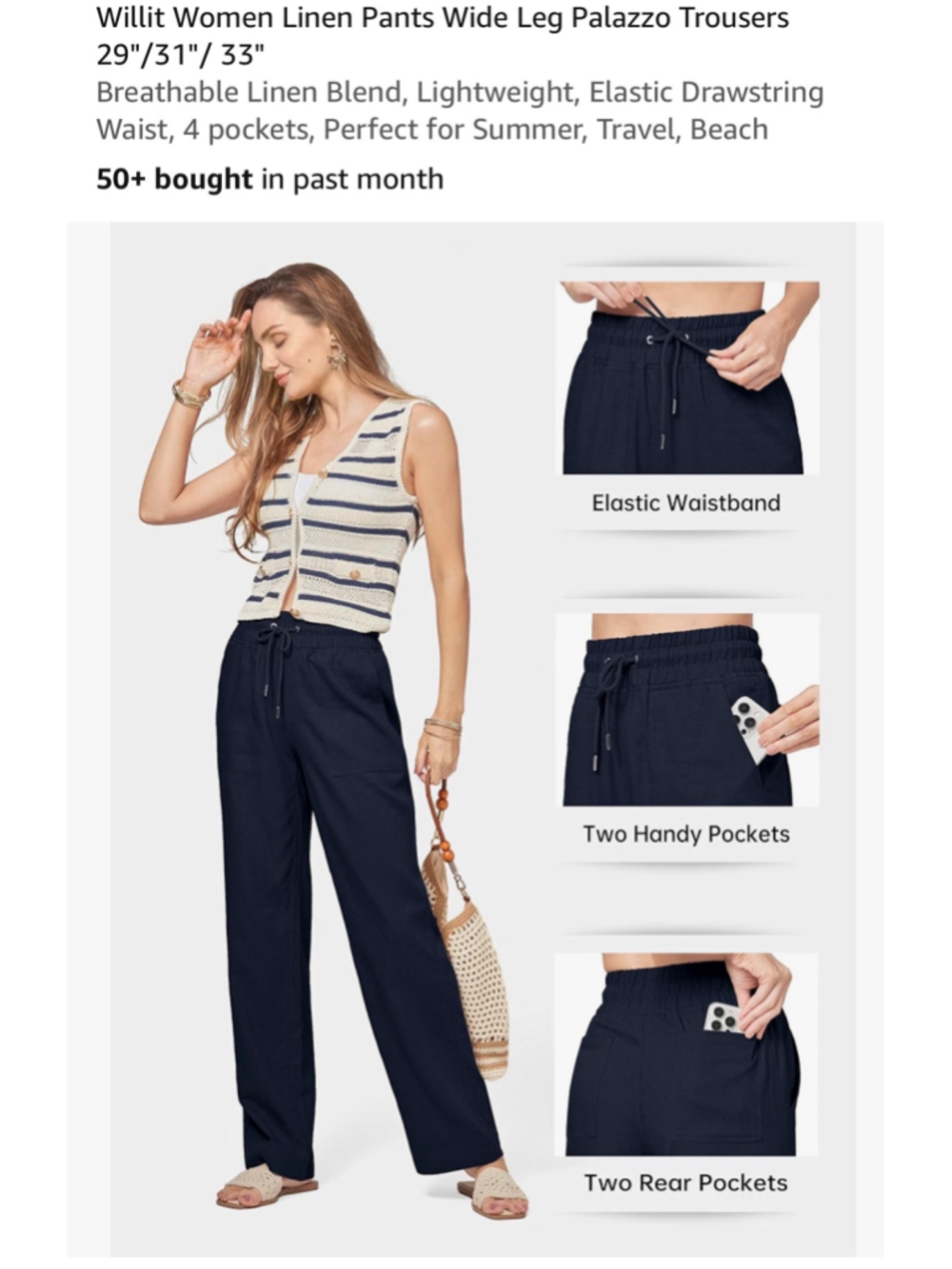 Willit Women's Navy Wide Leg Palazzo Pants